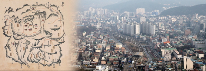 <strong>용인 해동여지도 1735년 31*37cm 국립중앙도서관</strong><br>
해동여지도에 수록된 지도. 용인현의 관할 행정구역, 강줄기 등이 자세하며, 도로와 역이 잘 그려져 있다. 향교와 관아, 서원 등이 잘 표기되었고, 십청묘(十淸墓:金世弼, 음애묘(陰崖墓 :李耔)등의 위치를 표시하였다.